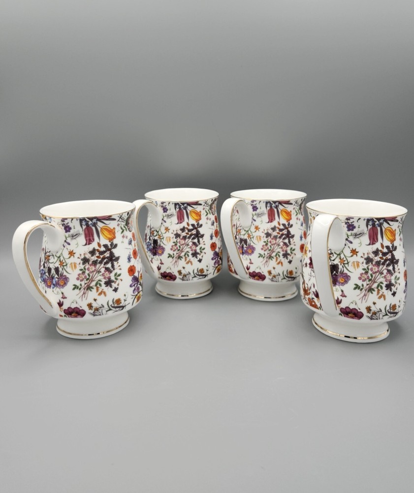 Grace's Teaware Colorful Floral Footed Coffee Tea Cups with Gold Trim Set of 4