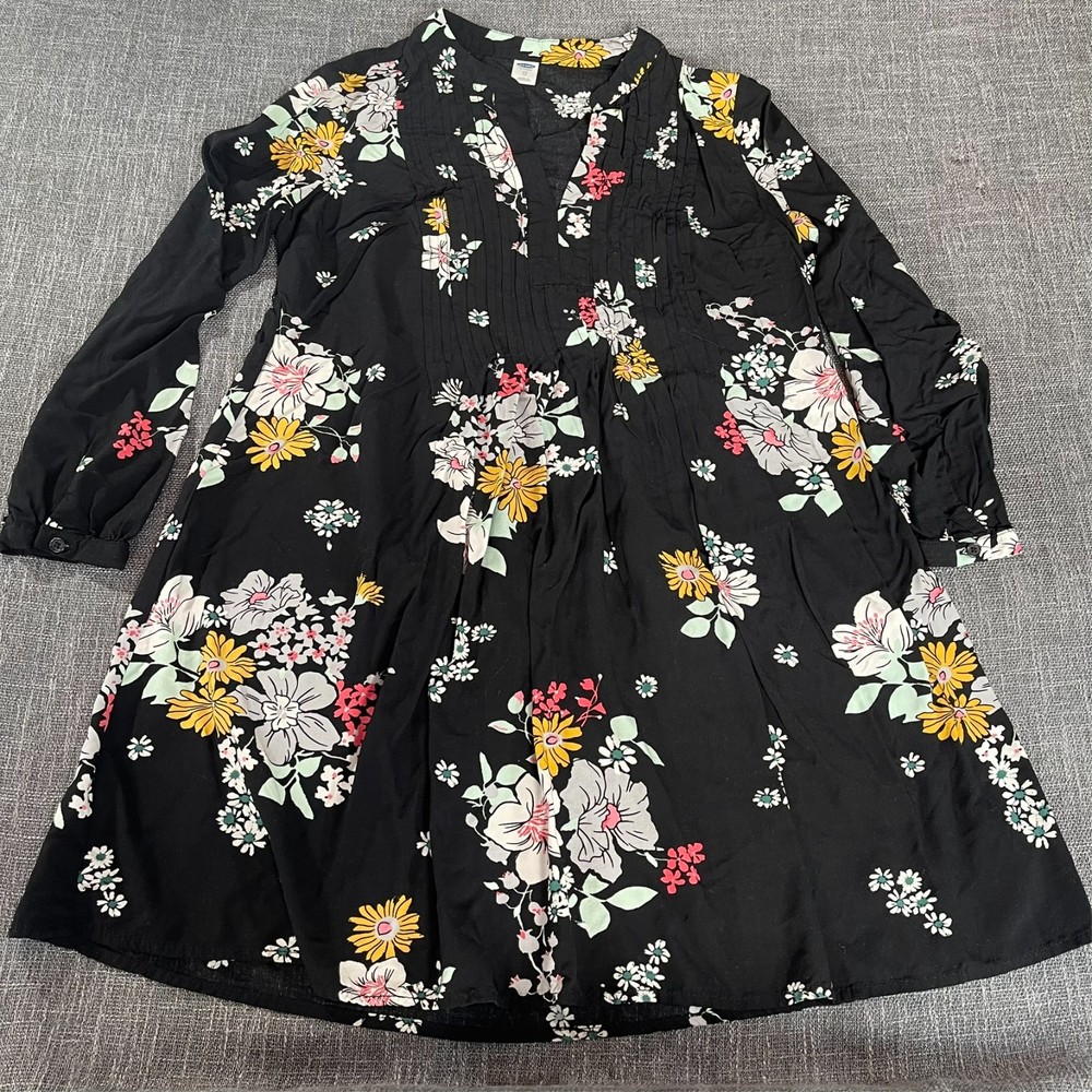 Old Navy Women’s XS Black Floral Rayon V-Neck Bishop Sleeve Midi Dress