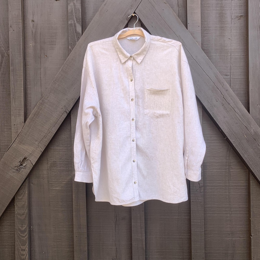 Old Navy The Boyfriend Shirt Womens Extra Large Beige Linen Blend Long Sleeve