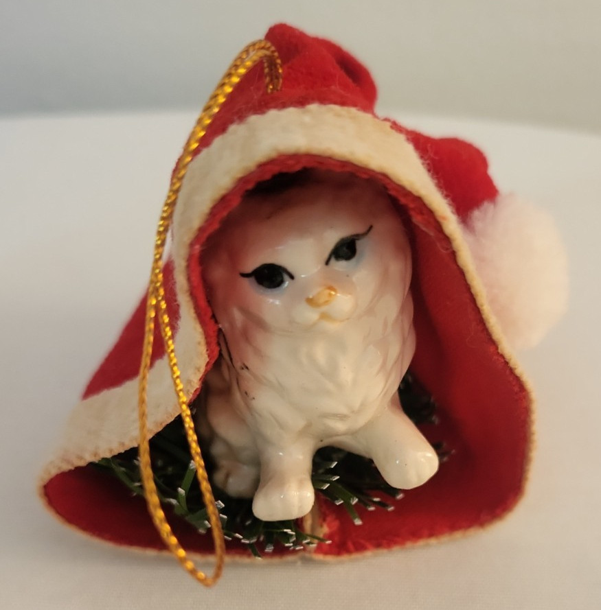 Vintage Enesco Ceramic Cat Inside Santa Hat Christmas Ornament