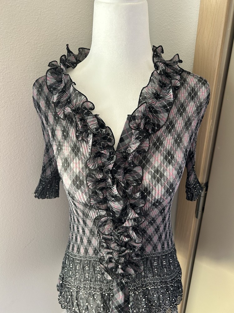 Black Pink Plaid Sheer Ruffle Stretch Top Y2K Twee Preppy Grunge Coquette Ditsy