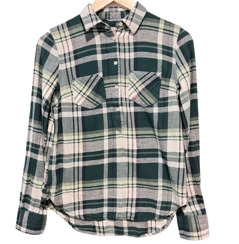 Merona Women’s Plaid Long Sleeve 3/4 Button Up Green White Shirt Size XS