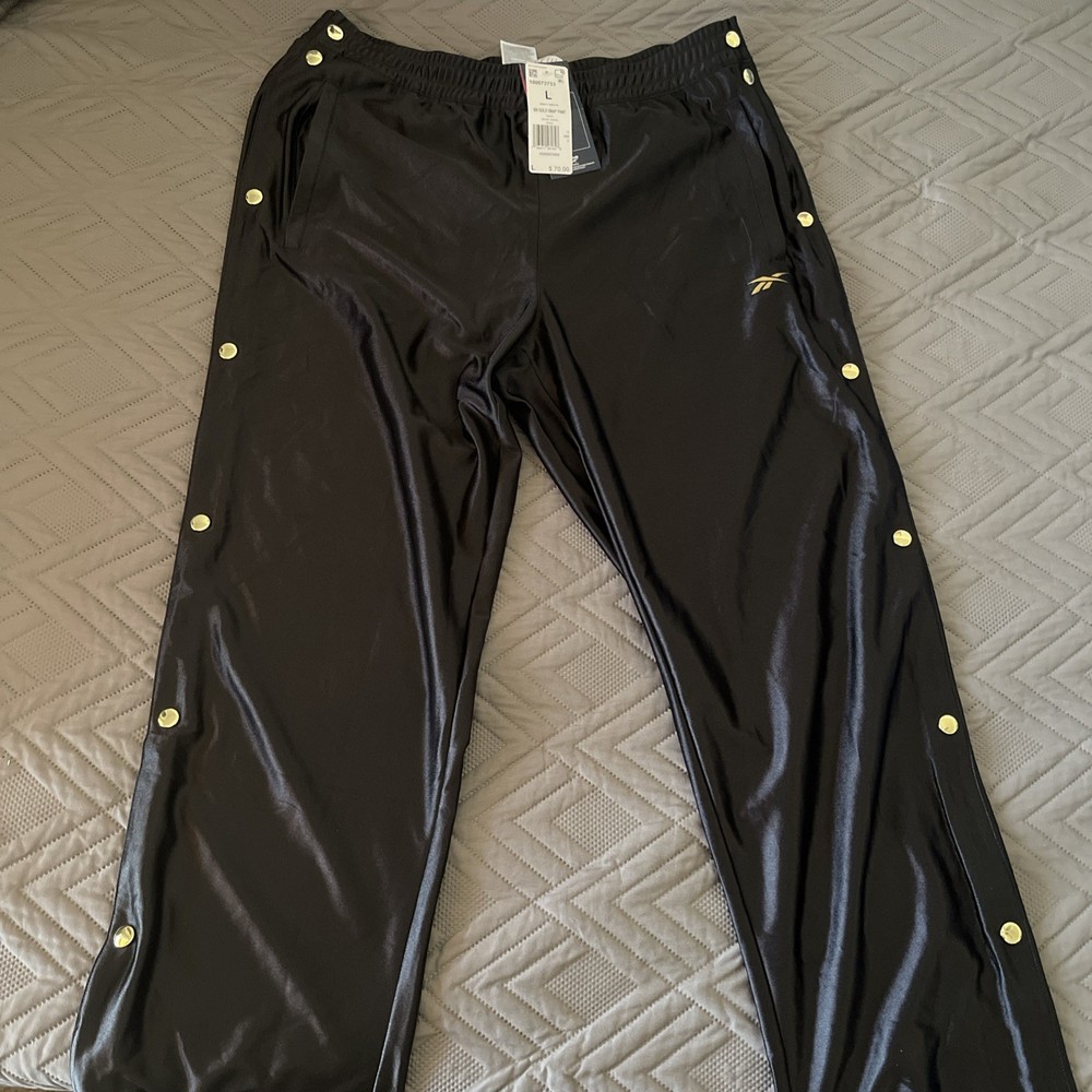 NWT Reebok Mens Regular Fit Basketball Gold Tone Snap Pants Large Black