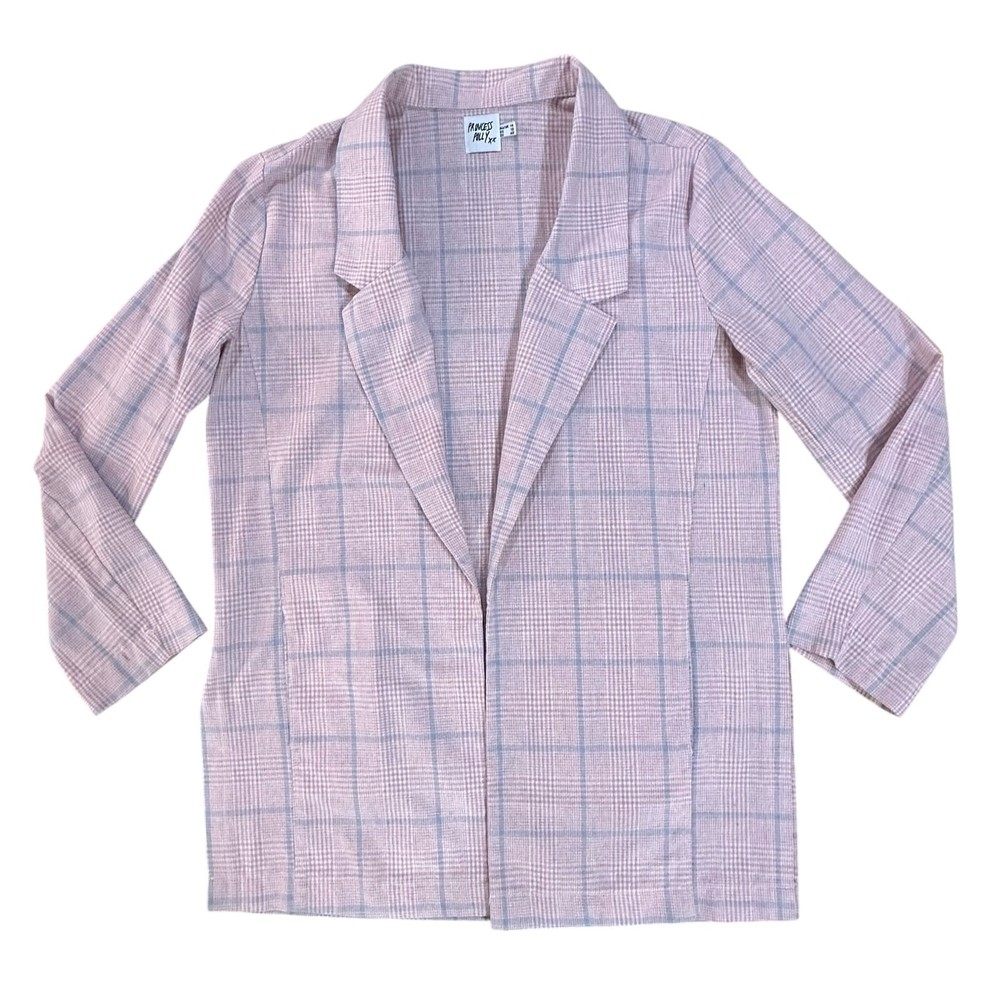 Princess Polly Women’s Size 10 Pale Pink Baby Blue Plaid Open Clueless Blazer