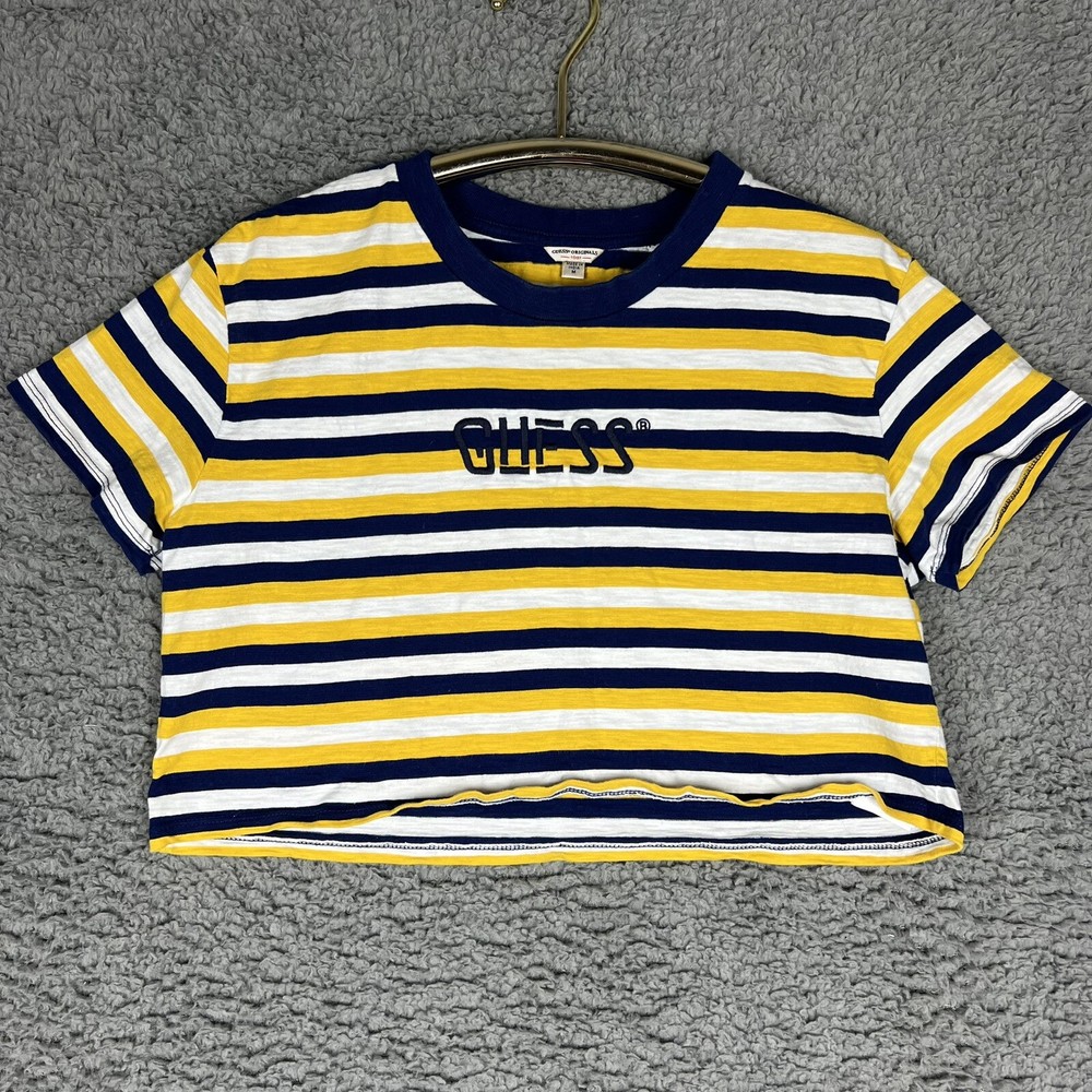VTG Guess Originals Medium Ringer Shirt Yellow Striped Y2K Crop Top Baby Tee 90s