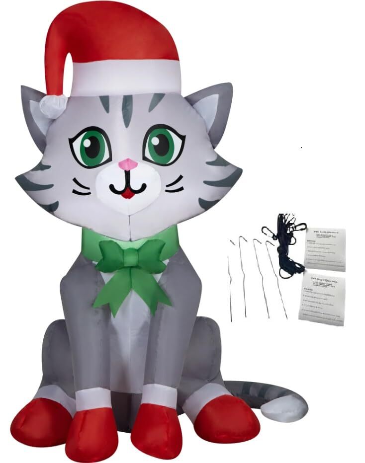 Christmas Inflatable Tabby Cat with Santa Hat 3.5 Foot Kitten LED Holiday Out...