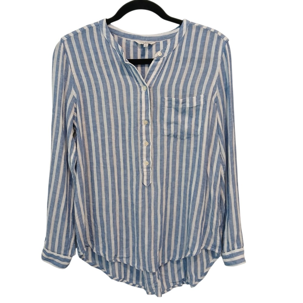 Lucky Brand Linen Blend Striped Blouse Small Chambray Blue/White Striped Tab Slv