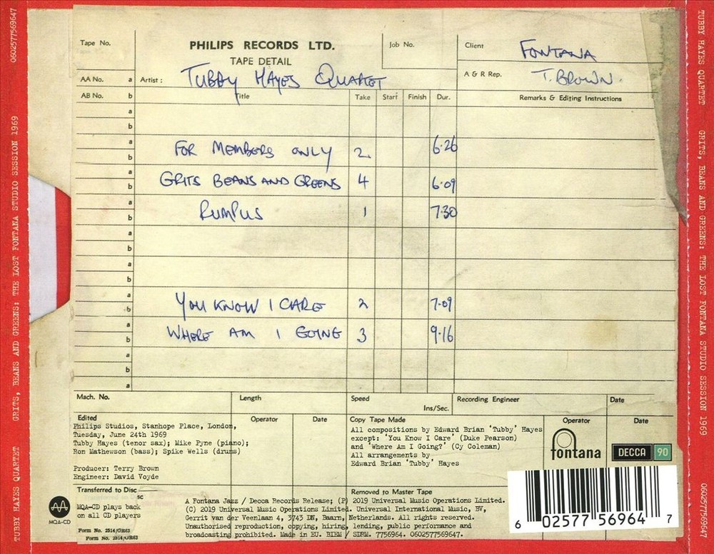 Tubby Hayes Quartet Grits, Beans And Greens: The Lost Fontana Studio Sessions 19