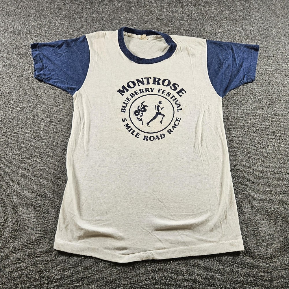 Vintage Montrose Blueberry Festival Shirt Mens Medium White Ringer Tee 70s 80s