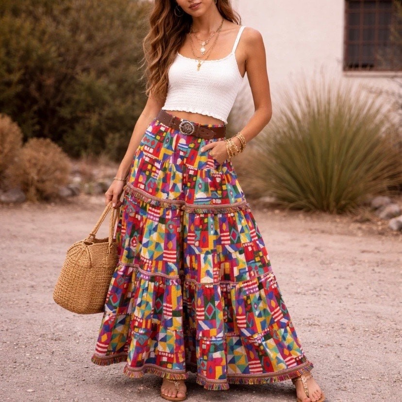 Antonio Melani Colorful Tiered Geometric Maxi Skirt Twee Fringe Women's size 6