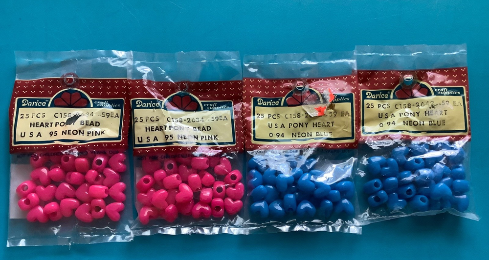 Darcie vintage Neon Pink and Neon Blue Heart Pony Beads USA NEW 100 pieces LOT