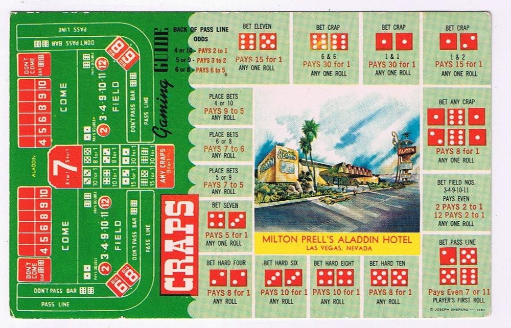 Postcard Milton Prell's Aladdin Hotel Las Vegas Nevada Craps Gaming Guide