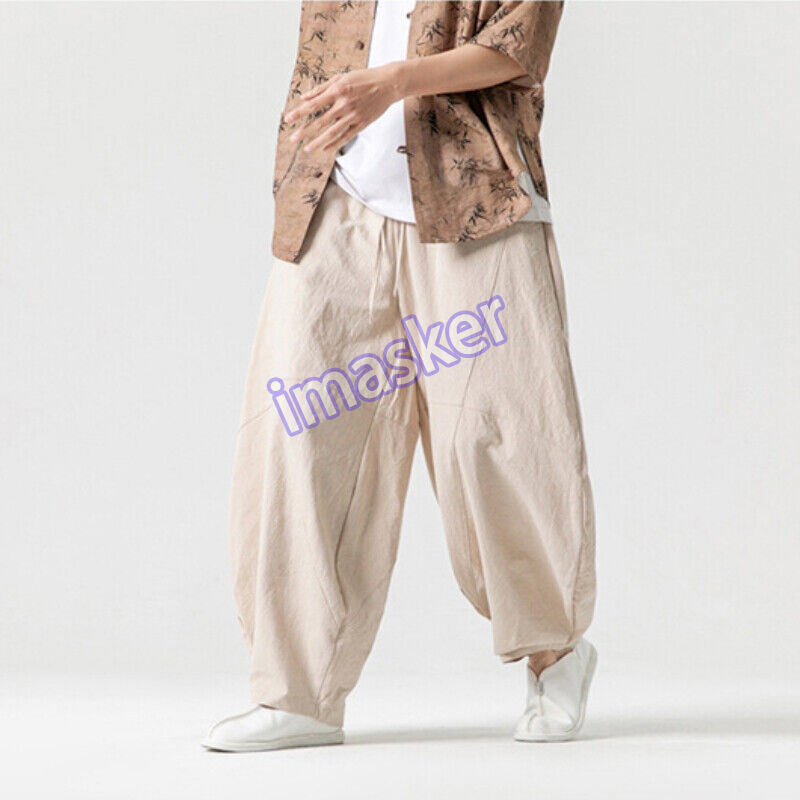 Men's Casual Cotton Linen Elastic Wail Baggy Tai Chi Pants
