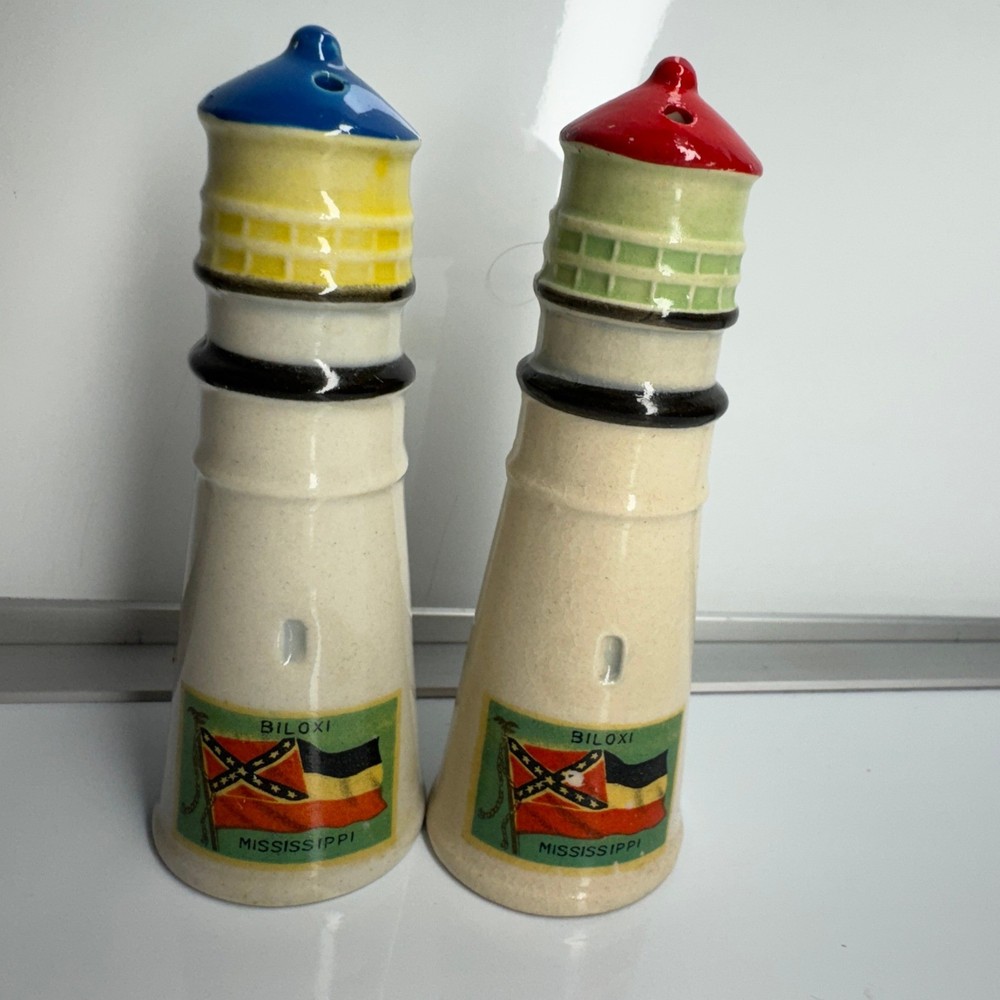 Pair Biloxi Mississippi Lighthouse Souvenir Salt Pepper Shakers Ceramic Japan