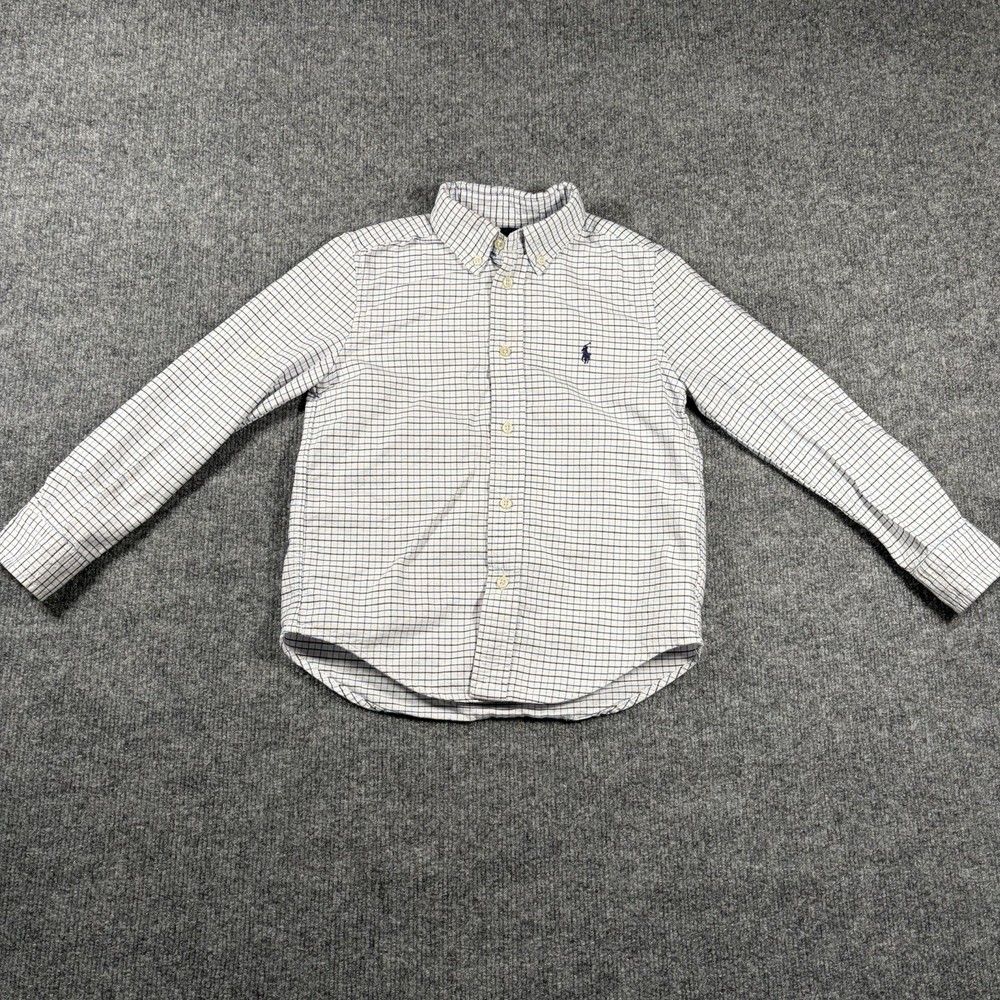Ralph Lauren Boys Youth 6 Button Long Sleeve Shirt Plaid Grid Blue White Cotton