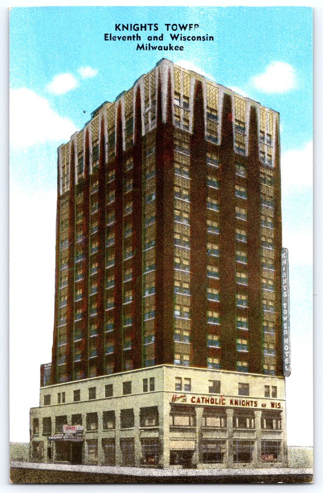 Milwaukee Wisconsin WI Catholic Knights Tower Hotel Building Vintage Postcard