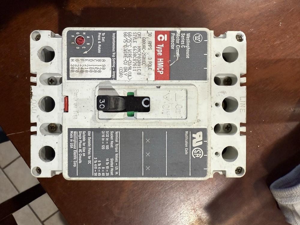 Cutler-Hammer HMCP030H1C 30 Amp 600 Volt 3 Pole 30a Circuit Breaker - White