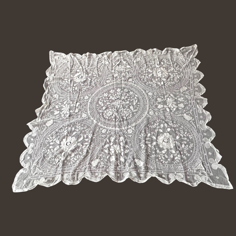 Antique Tambour Net Lace Table Cover c1900 Hand Embroidered Needle Lace 50”