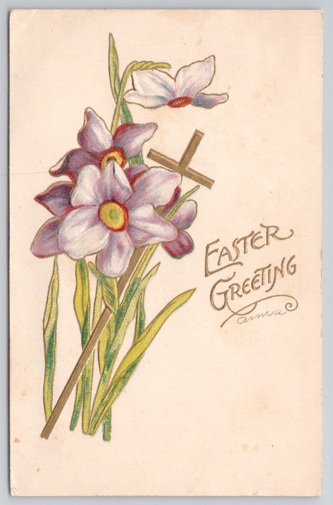 1908 Easter Daffodils & Cross Postcard - Kintnersville PA Postmark