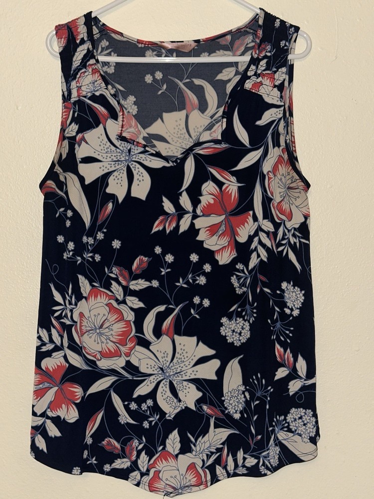 SIS Navy White Red Floral Knit Polyester Spandex Sleeveless Tank Plus 1X
