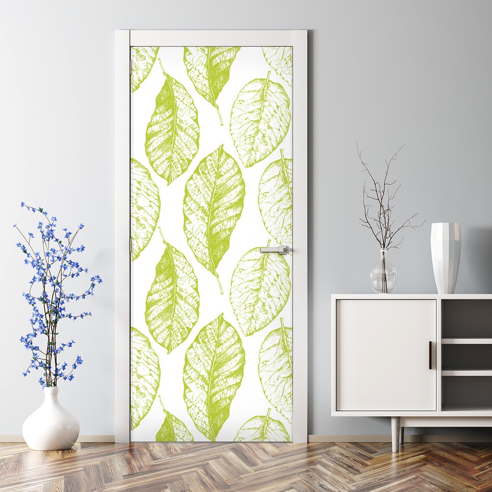 Bubble Free Door sticker Lime green leaves Detailed floral White and green