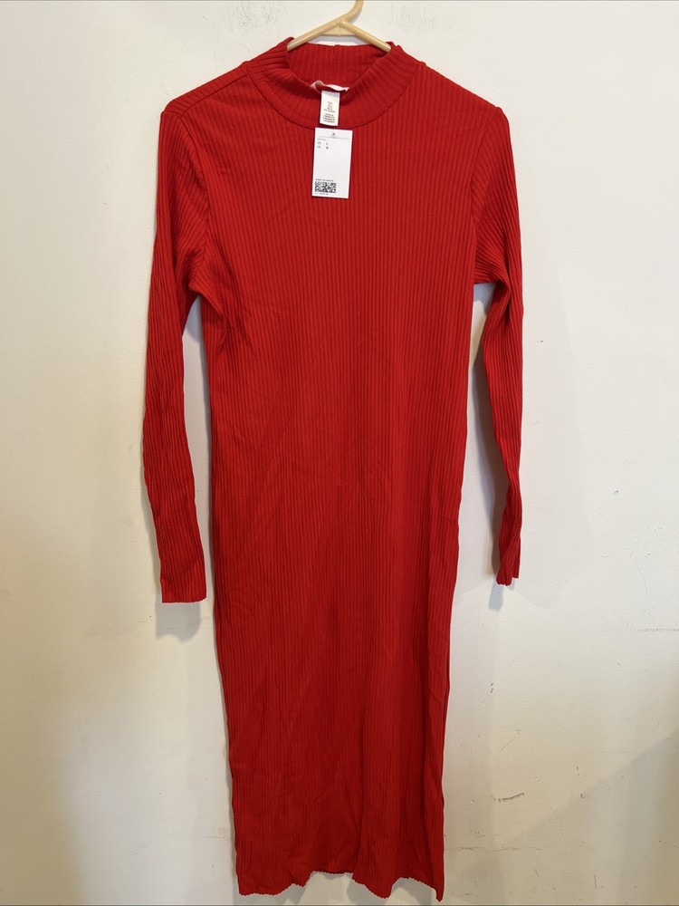 NWT H&M Women’s Red Ribbed Fitted Long Sleeve Dress Size Large