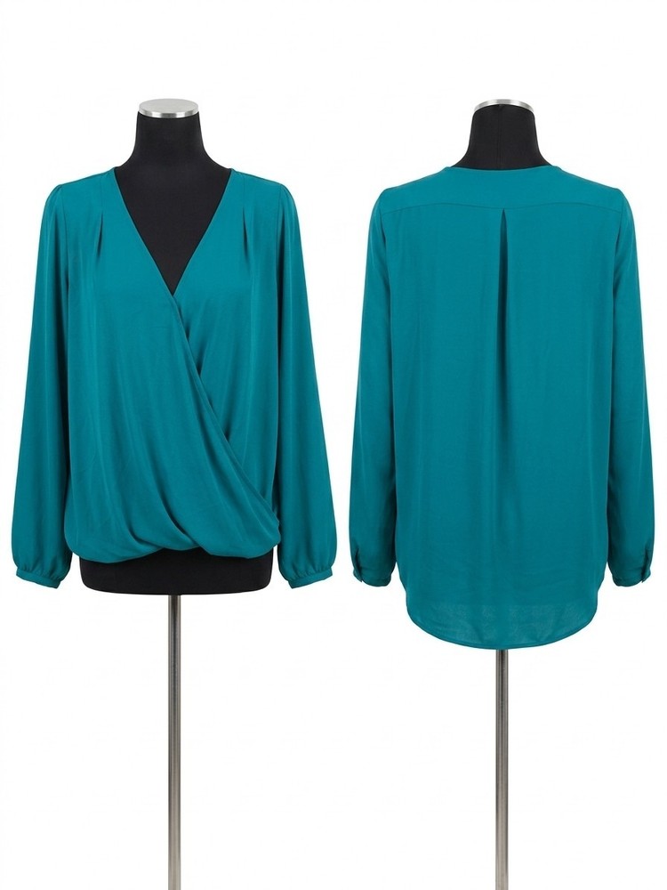 Lush Teal V-Neck Long Sleeve Wrap Blouse 100% Polyester Size XL