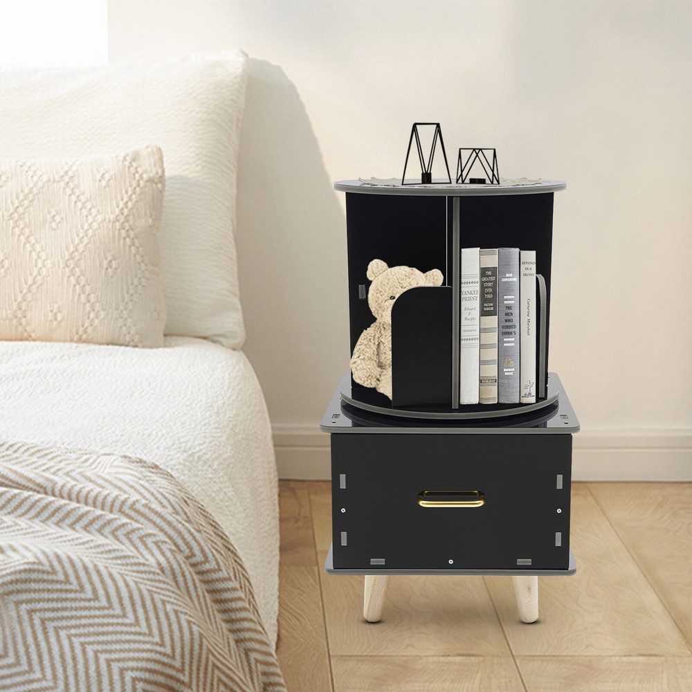 Bedside Table with Drawer, Corner High End Table, Rotating Bookshelf with Drawer