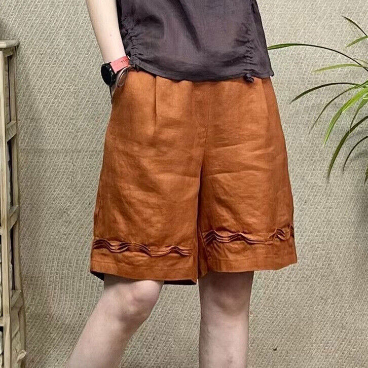 Summer New Linen Shorts Women's Pleated Elastic Waist Fashion Solid Color Capris