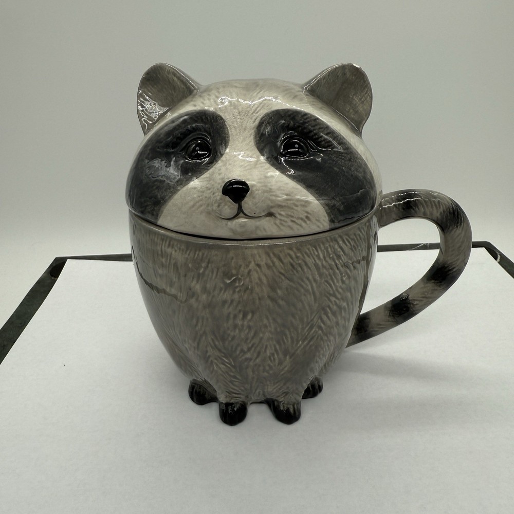Ceramic Raccoon Mug w/ Lid Gray Animal Coffee Tea Cup Microwave Safe