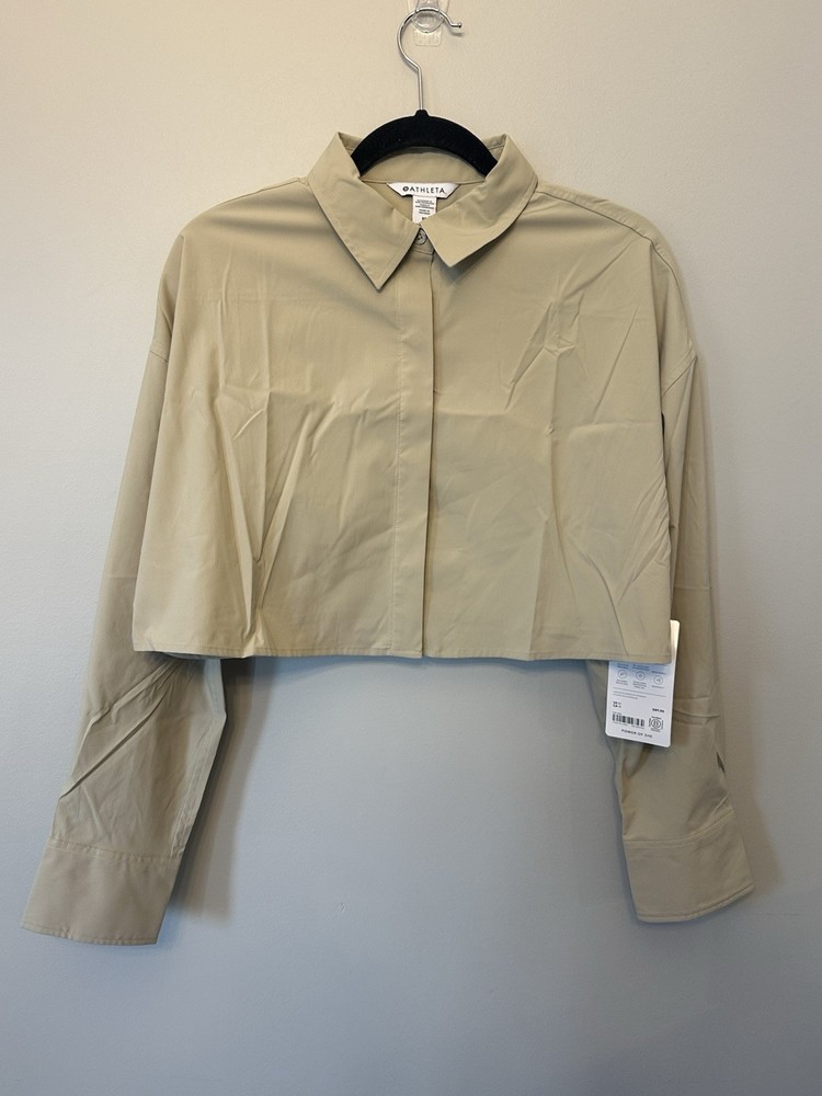 Athleta Midday Ultra Cropped Shirt Long Sleeve Button Down Tan Size M