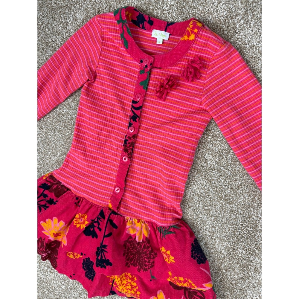 Le Top Girls Dress Pink Orange Striped Floral Tiered Corduroy 4 Retro Vibrant 4T