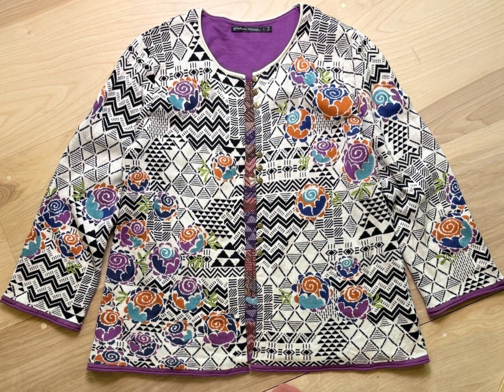 Gudrun Sjoden Size L Cotton Knit INKA Cardigan Black White Floral Embroidered