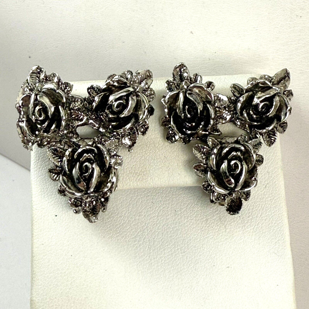 Vintage Silver Tone Rose Flower Clip on Earrings