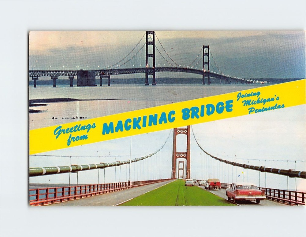 Postcard Greetings Mackinac Straits Bridge Michigan Peninsulas USA North America