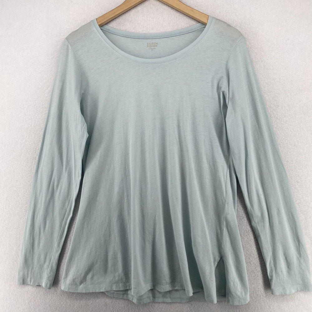 EILEEN FISHER Top M Organic Cotton Fine Jersey Round Neck Long Sleeve Blue