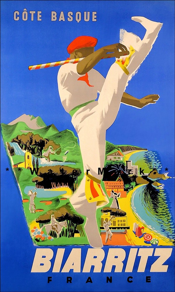 Póster impreso vintage de turismo de viajes francés de Costa Vasca Francia 1950 Biarritz