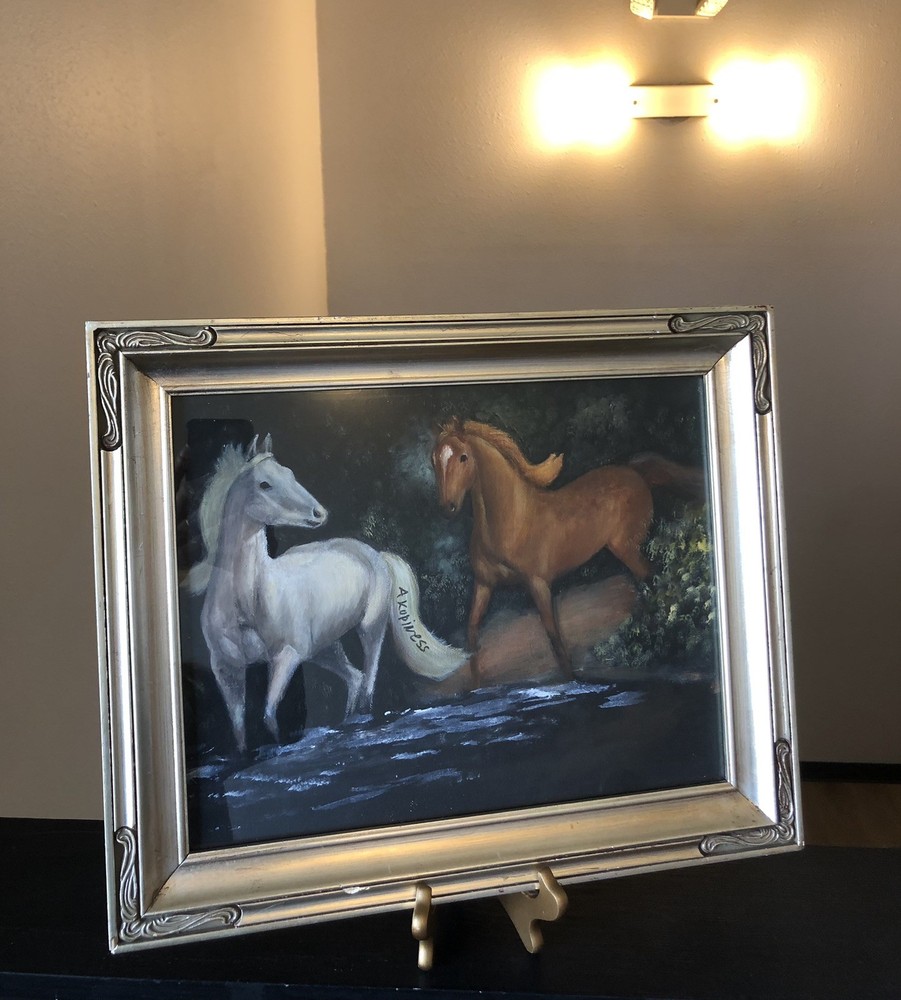 VTG Original Signed Oil On Canvas Painting Two Horses Wading In Water Framed 17”