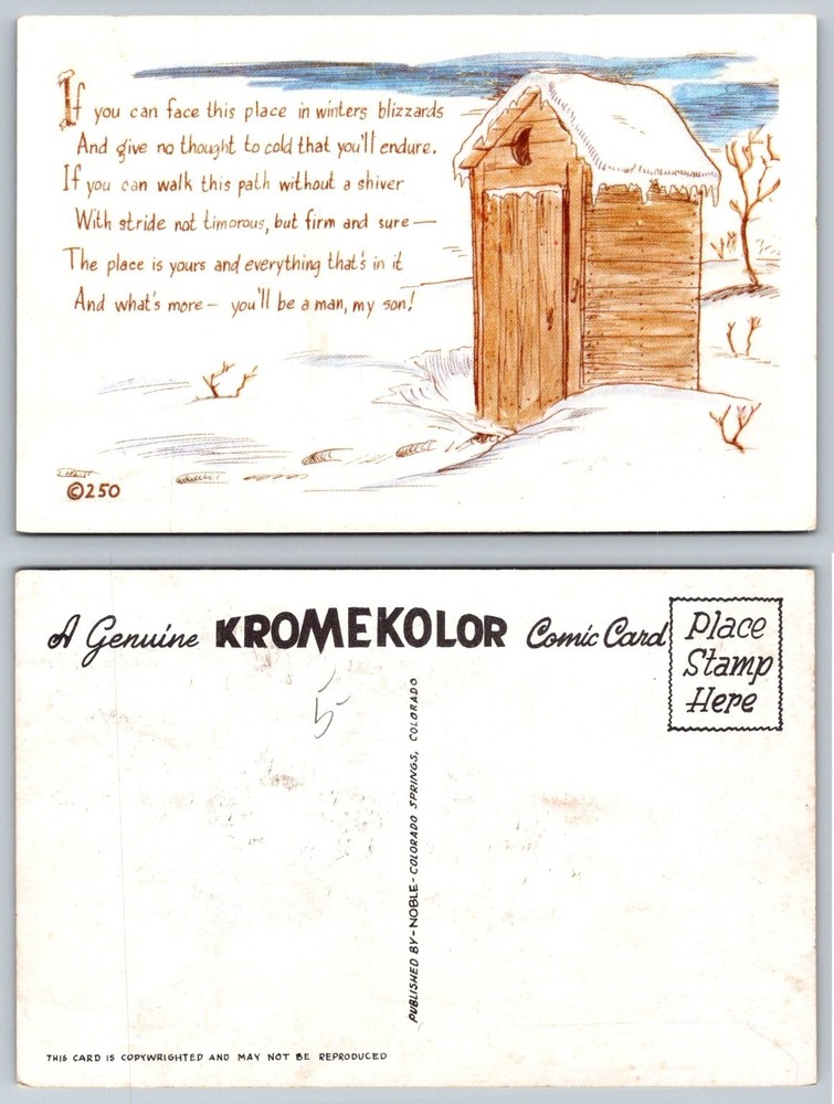 Vintage KROMEKOLOR Comic Postcard Outhouse Snowy Winter Poem Humor