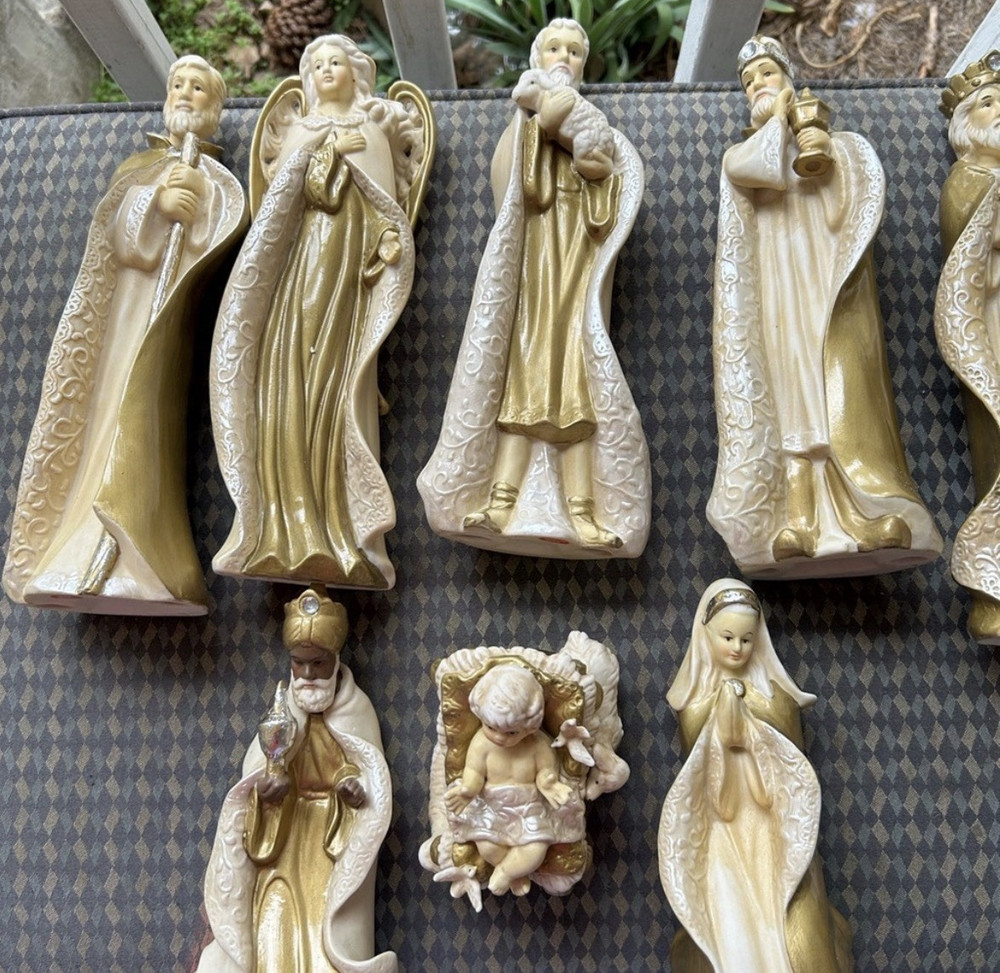 Gold and White Ceramic Nativity Set, 8-Piece Artist Designed Christmas Figurines