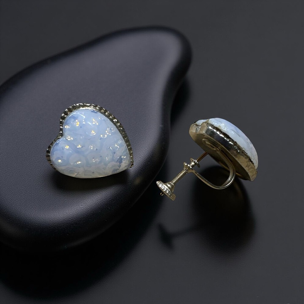 Vintage Opalescent Heart ScrewBack Earrings Gold-Tone Setting 1950s-60s Unsigned