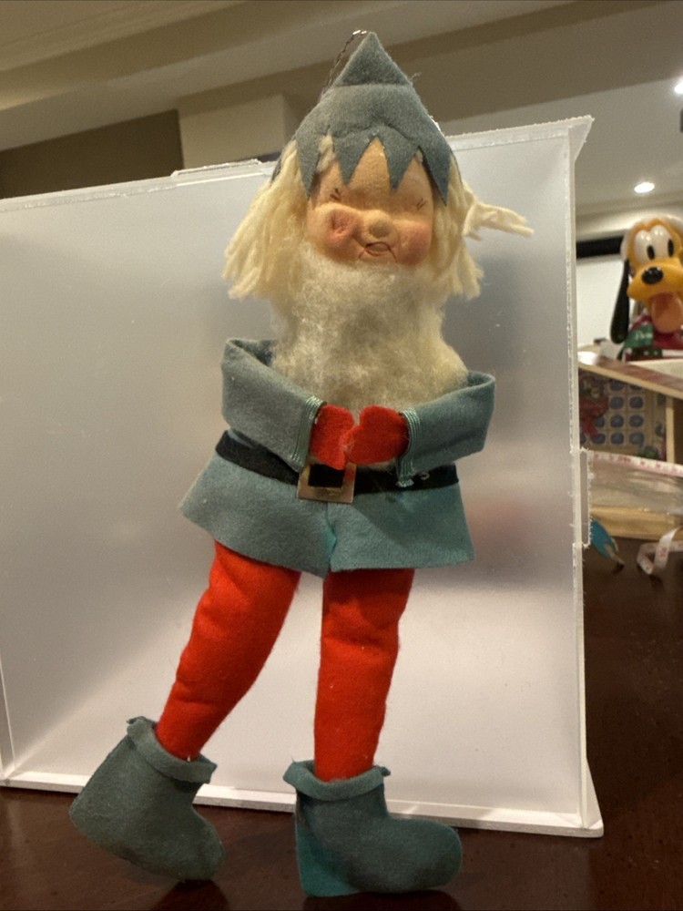 Vintage Christmas Elf Gnome Shelf Knee Hugger Japan Green Red Beard Ornament 9