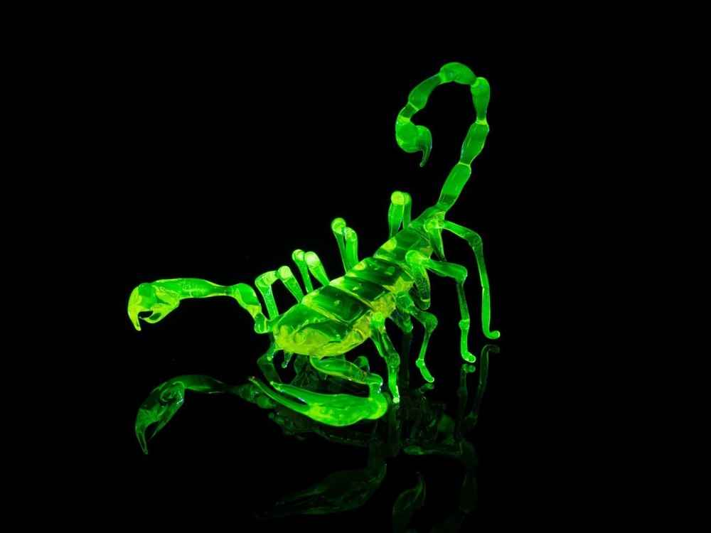 Glowing Glass Scorpion Figurine – Uranium Vaseline Glass Sculpture – UV Reactive