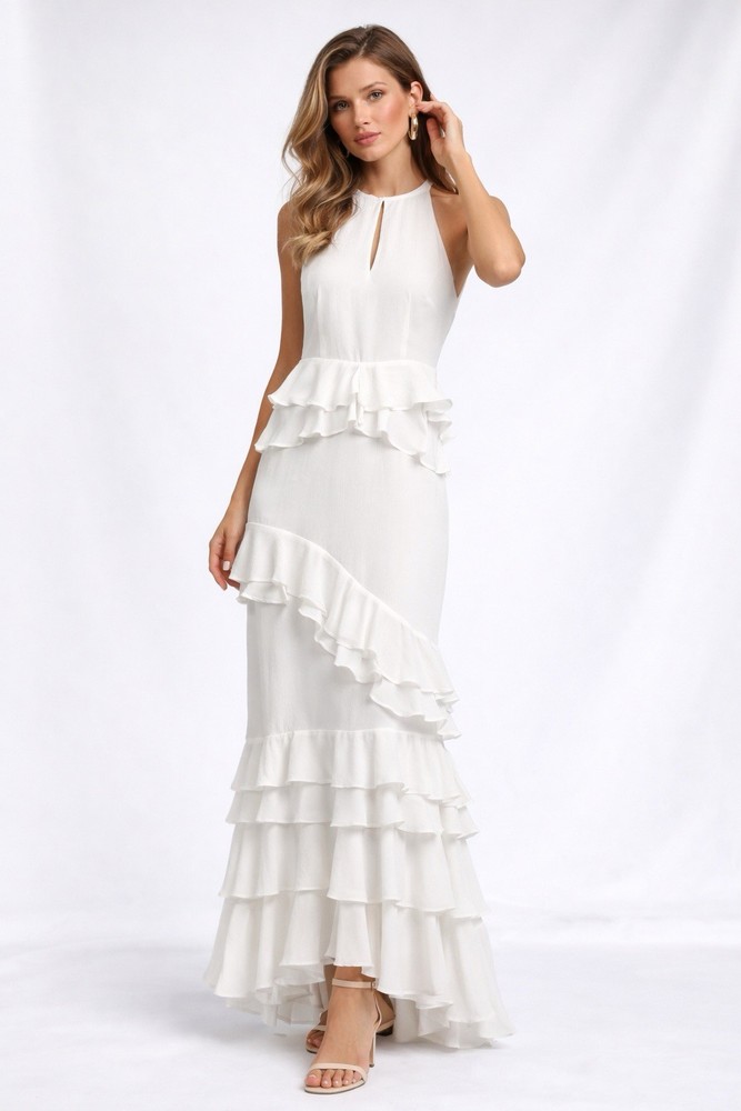 Anthropologie Forever That Girl  White Ruffle Boho Dress Size M