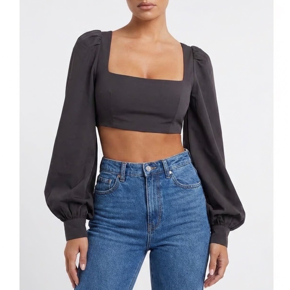 Naked Wardrobe The Statement Black Puff Sleeve Crop Top Small