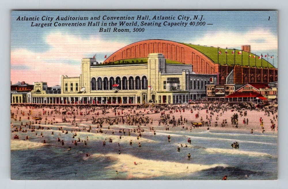 Atlantic City, NJ-New Jersey Convention Hall Crowds Beach Scene Vintage Postcard