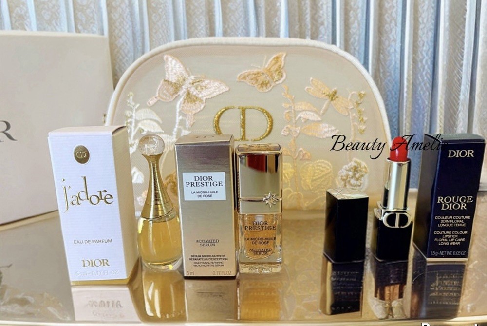 Dior Floral Embroidered Mesh Bag Couture Pouch 4pc Set Rose  Serum/L'Or/lipstick