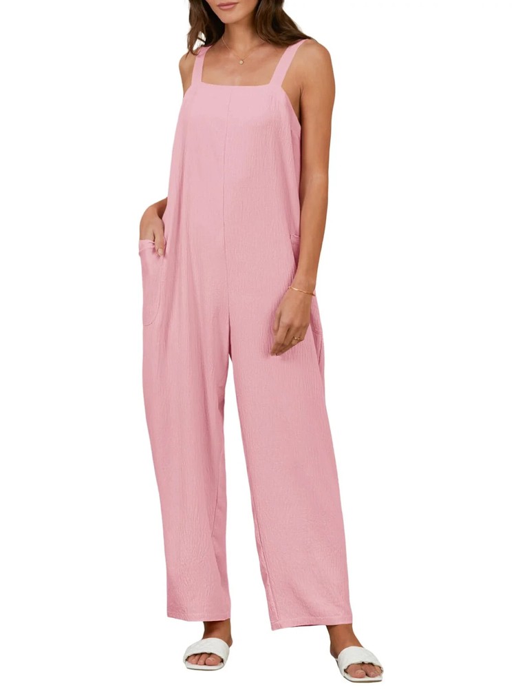 Pink Sleeveless Wide Leg Jumpsuit Bib Overalls Romper Adjustable