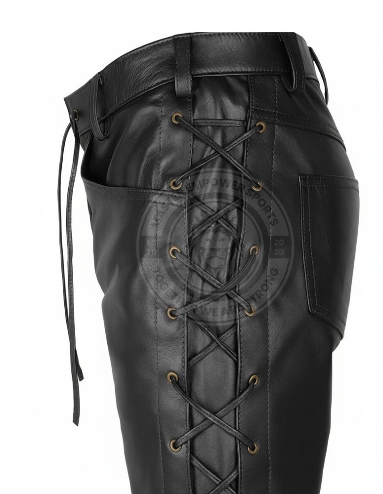 Men's Real Black Leather Biker's Pants Front and Side Laces Up Jean Trouser
