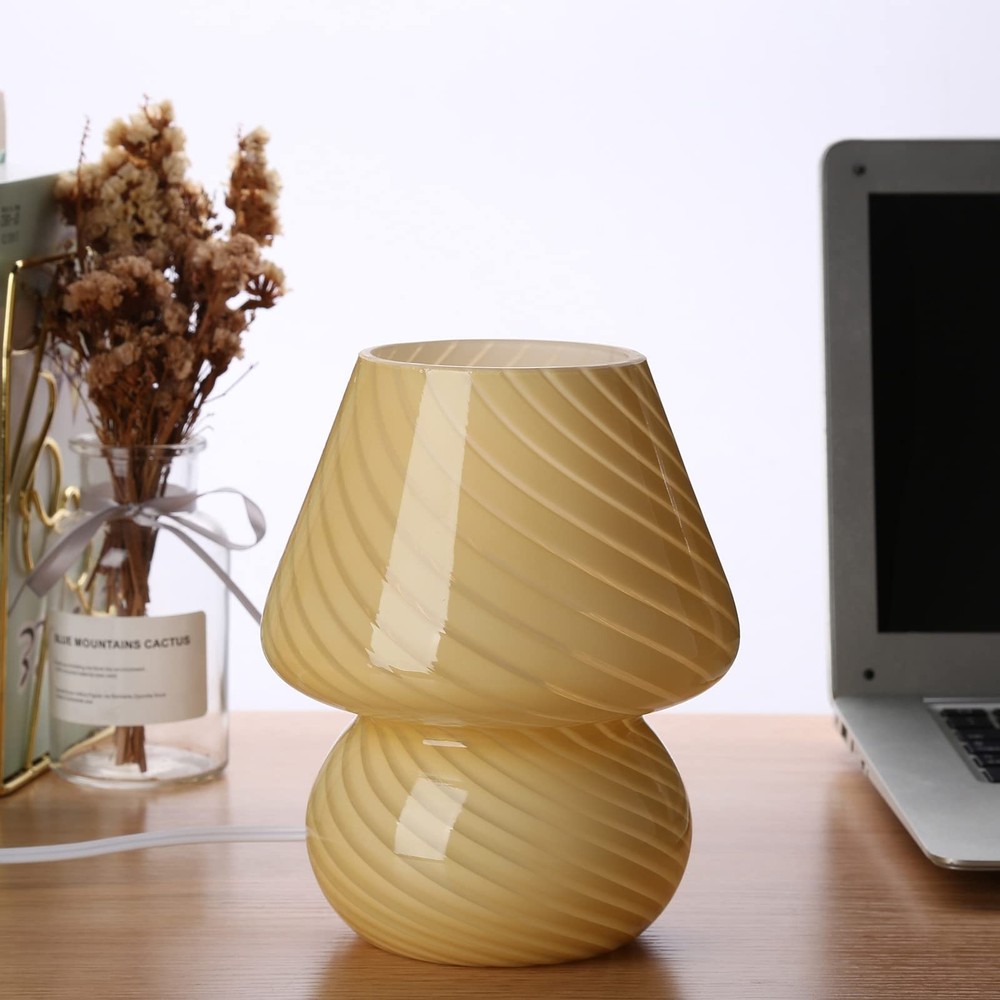 Glass Mushroom Bedside Table Lamp Yellow Translucent Murano Vintage Style Stripe